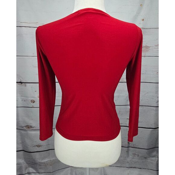 Y2K Petite Red Clubwear Fitted Twist Front V-Neck Top Blouse Bodycon - Picture 2 of 5